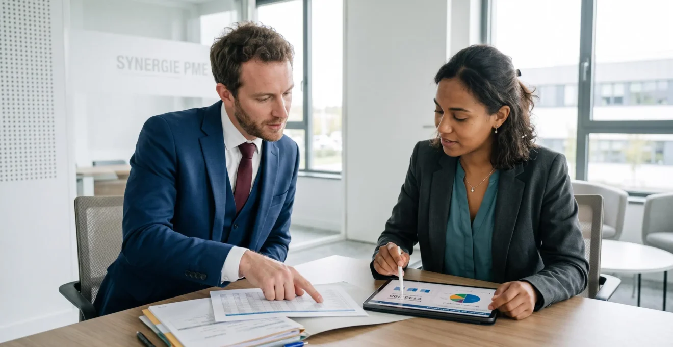 Responsable commercial et comptable collaborant sur le suivi des dossiers clients lors d'une réunion de travail