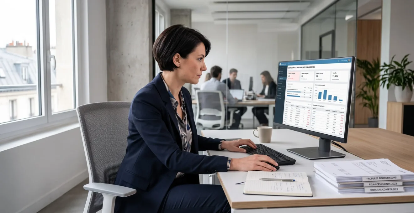 Responsable financière analysant un tableau de bord encours clients sur son ordinateur dans un bureau contemporain de PME