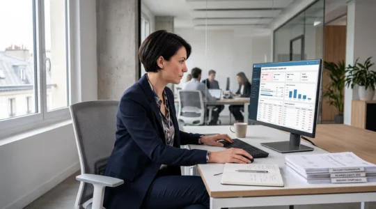 Responsable financière analysant un tableau de bord encours clients sur son ordinateur dans un bureau contemporain de PME
