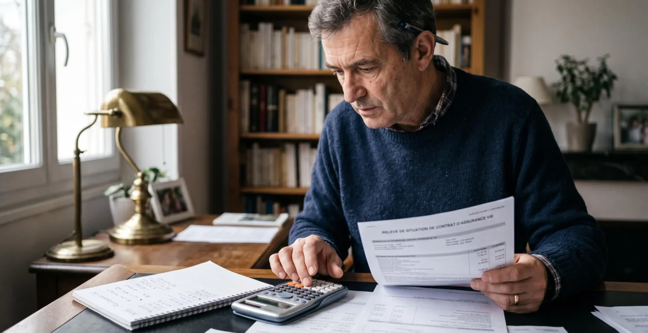 Homme senior calculant les montants de rachat de son assurance-vie avec une calculatrice dans son bureau à domicile