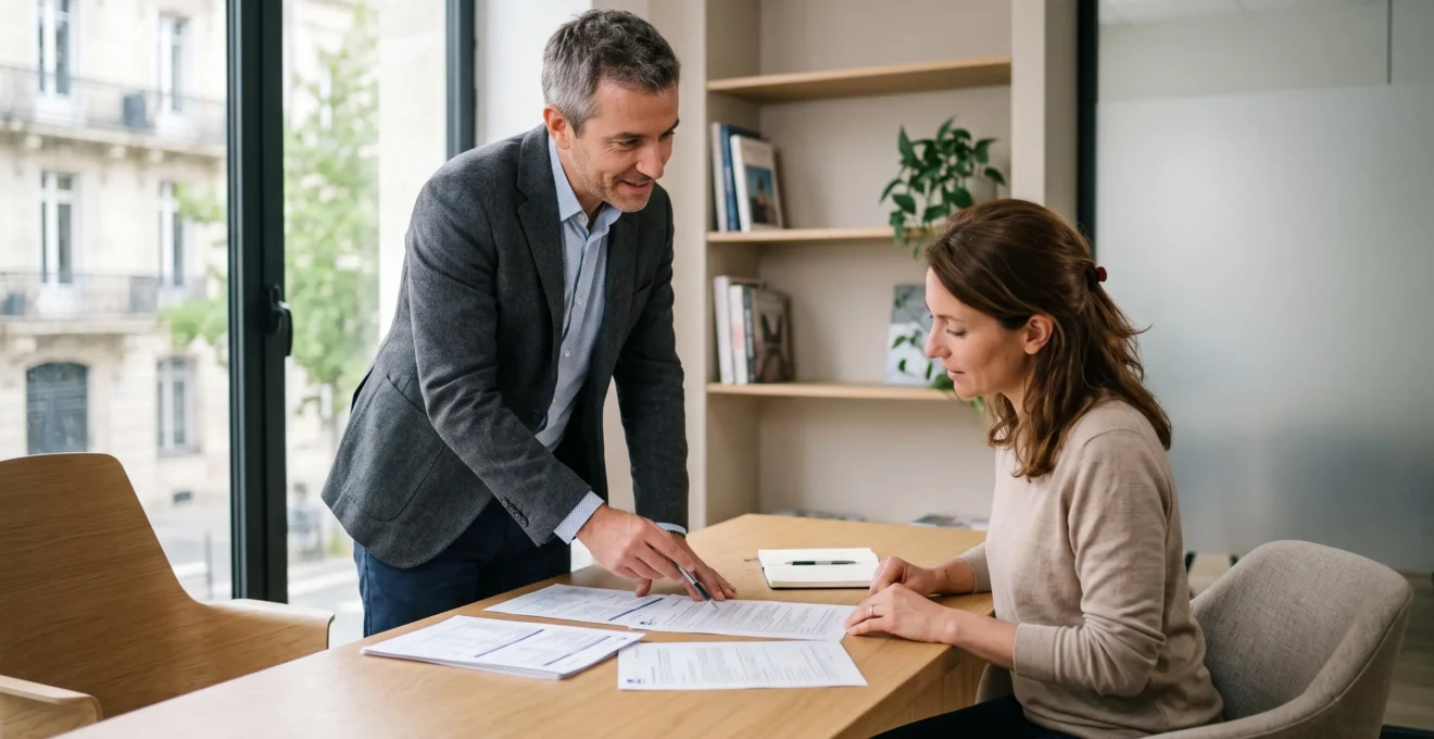 Conseiller financier expliquant les détails d'un contrat d'assurance-vie à un client lors d'une consultation dans un bureau moderne