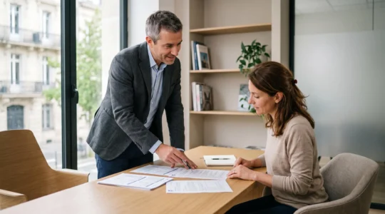 Conseiller financier expliquant les détails d'un contrat d'assurance-vie à un client lors d'une consultation dans un bureau moderne