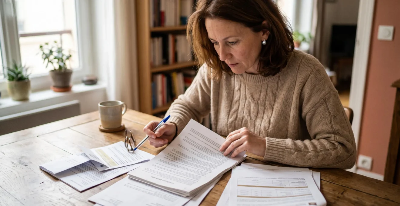 Femme consultant ses documents de contrat d'assurance-vie à son domicile