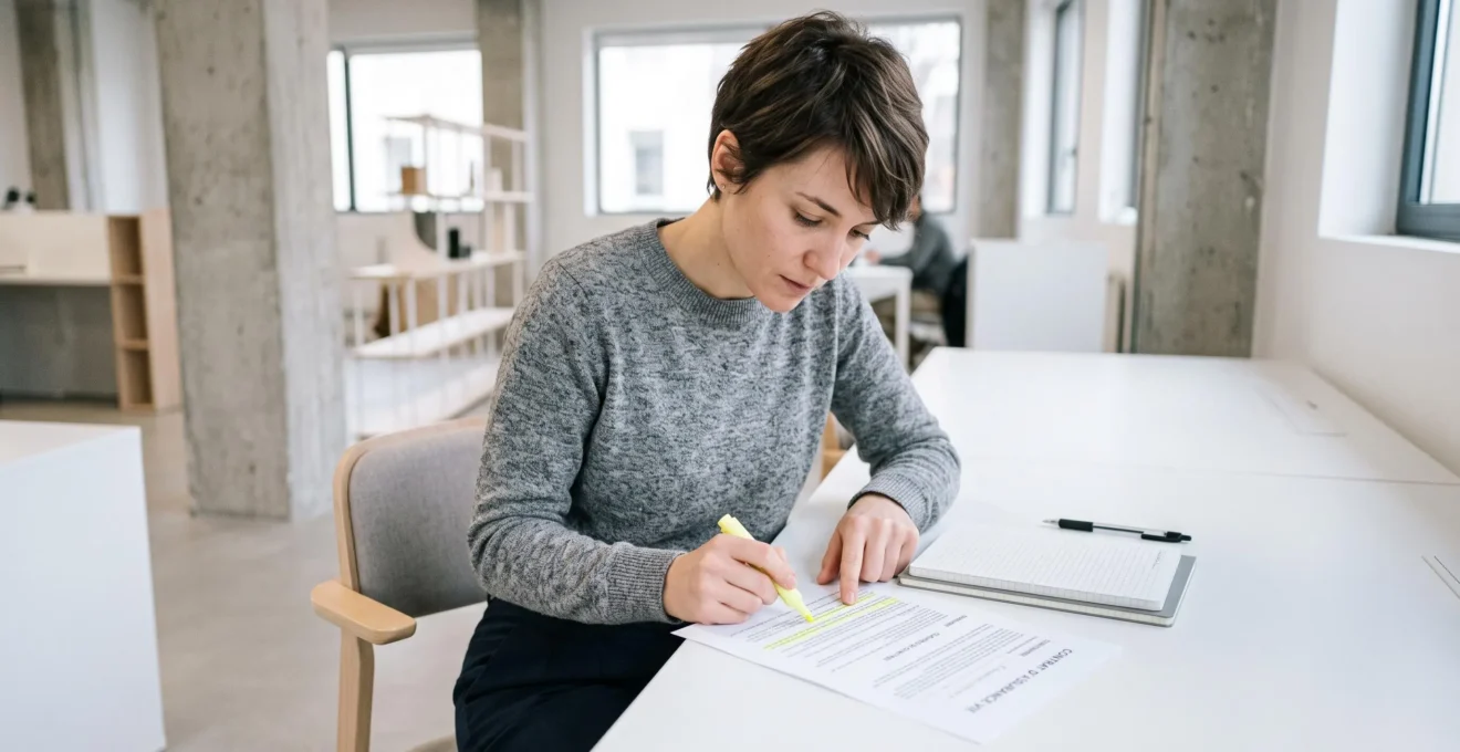 Jeune adulte examinant attentivement un contrat d'assurance-vie avec un surligneur