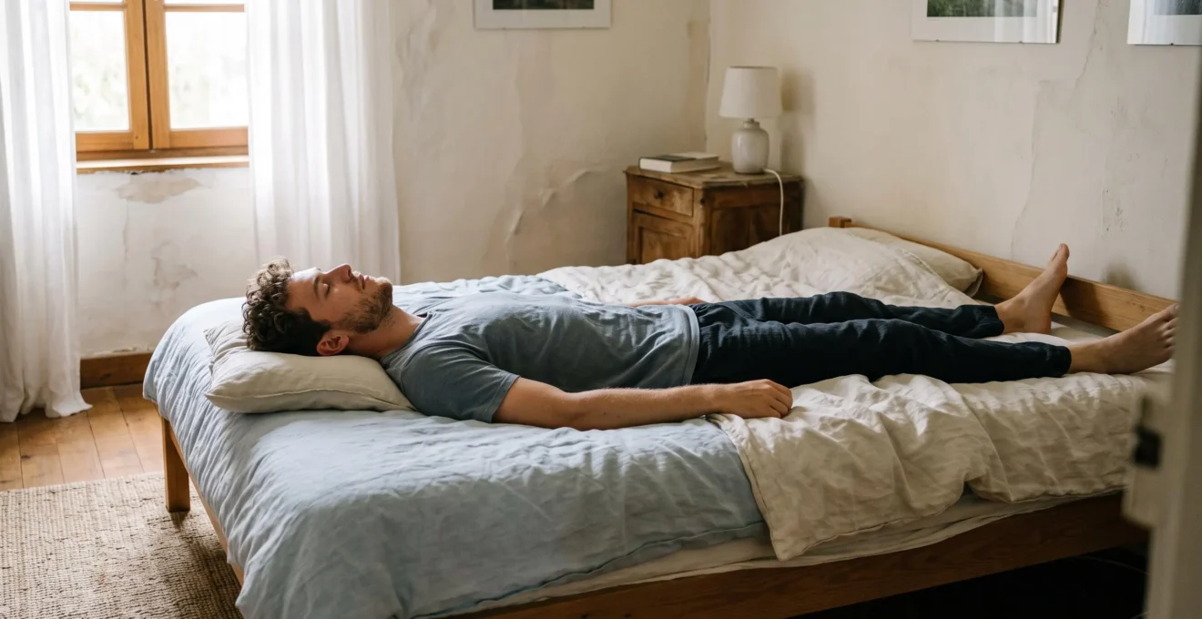 Un homme dort sur le dos sur un matelas dans une chambre baignée de lumière naturelle.