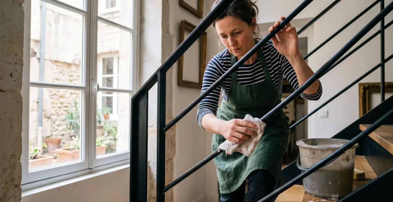 Une personne essuie la rampe en acier d'un escalier intérieur avec un chiffon doux.