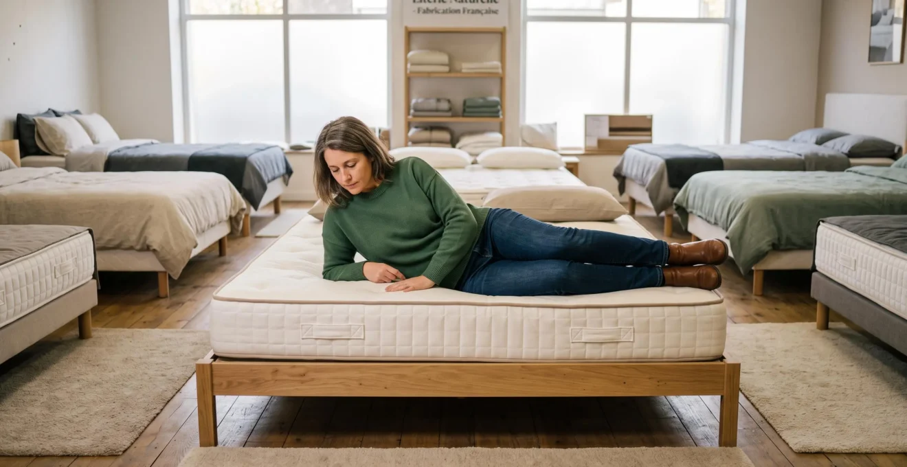 Une femme teste un matelas allongée sur le côté dans un magasin de literie.