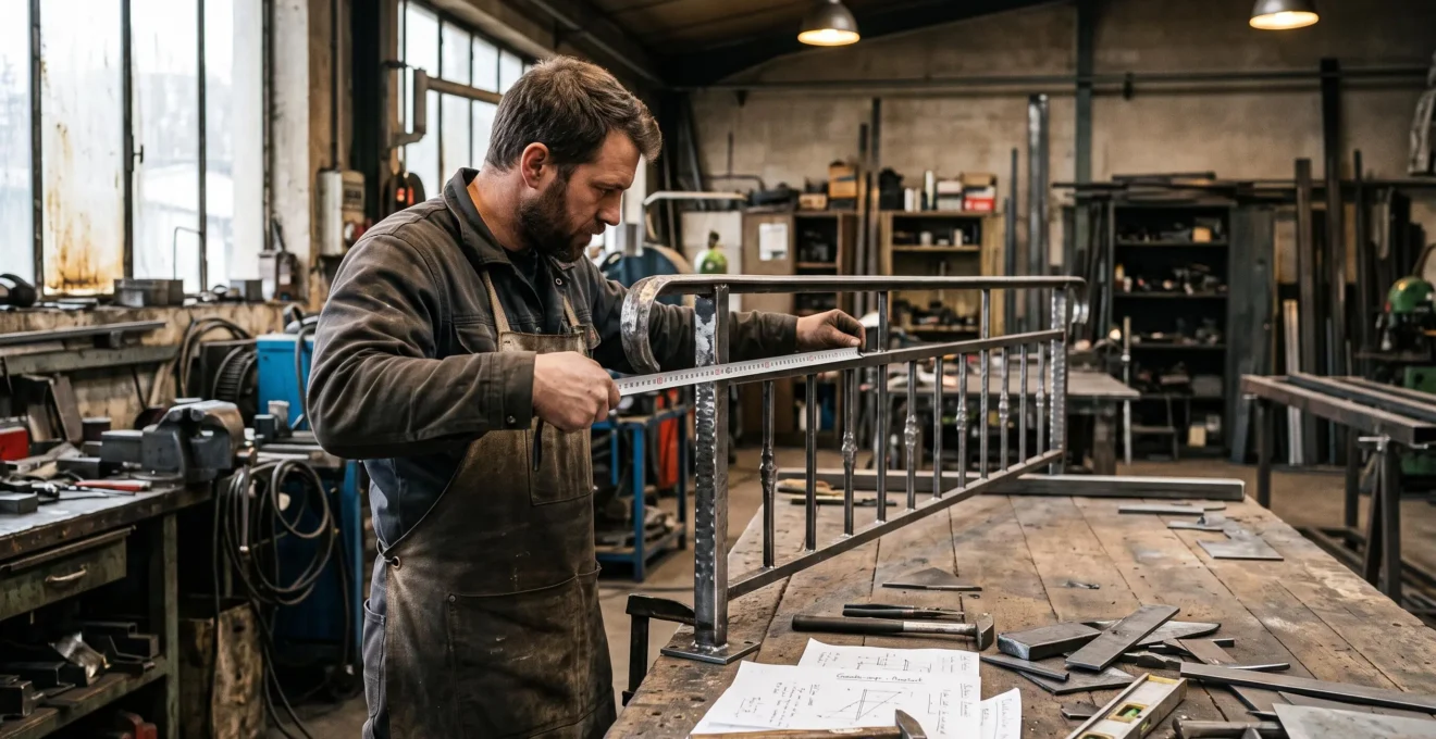 Un métallier prend les mesures d'un garde-corps en acier sur un établi d'atelier.