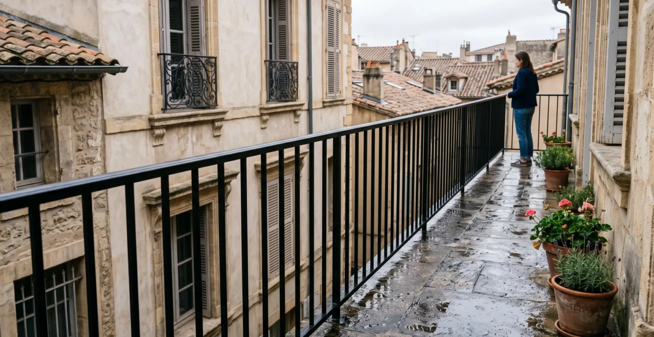 Garde-corps en acier noir récemment posé sur un balcon extérieur d'un immeuble résidentiel.