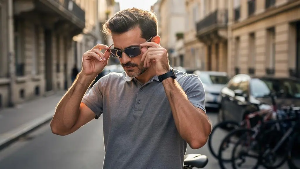 Un homme ajuste ses lunettes de vue en titane avant de partir à vélo dans une rue.