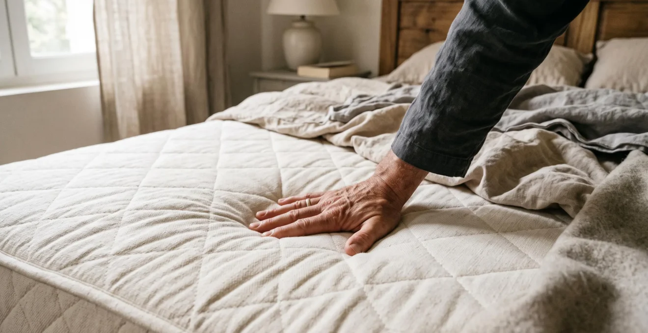 Une main appuie sur la surface d'un matelas pour montrer la pression localisée.