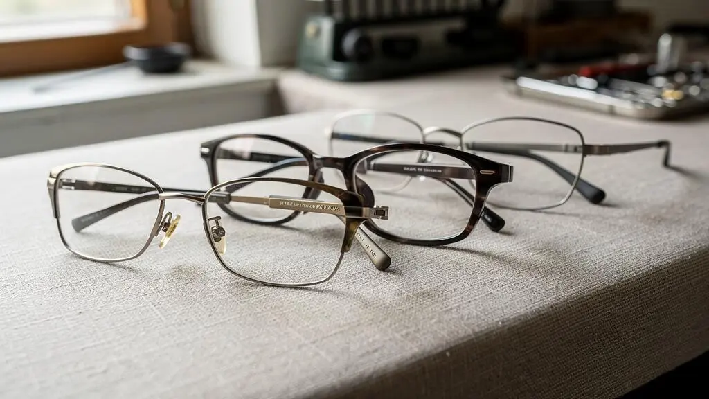 Plusieurs montures de lunettes en métal, acétate et titane posées côte à côte sur un tissu.