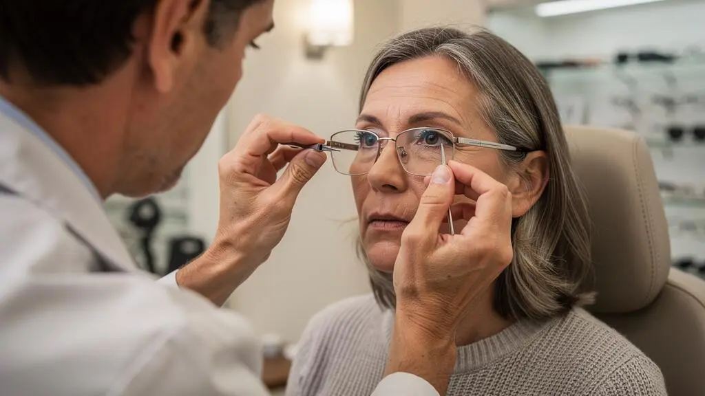 Une opticienne ajuste les plaquettes nasales d'une monture en métal portée par une cliente.