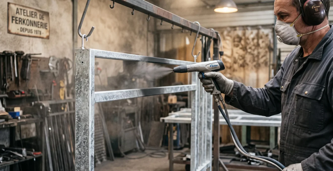 Un technicien applique une finition thermolaquée sur une pièce de garde-corps galvanisée en atelier.